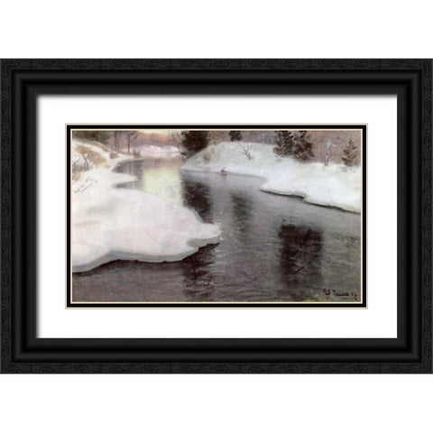 Thawing Ice: The Lysaker River Black Ornate Wood Framed Art Print with Double Matting by Thaulow, Fritz
