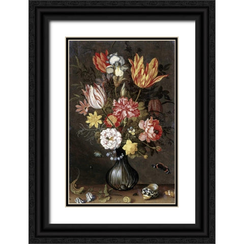 Tulips, Carnations, An Iris Black Ornate Wood Framed Art Print with Double Matting by Van der Ast, Balthasar