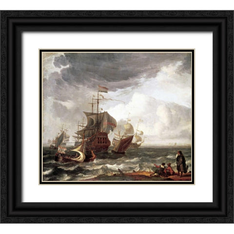 Dutch Warships Black Ornate Wood Framed Art Print with Double Matting by Backhuysen, Ludolf