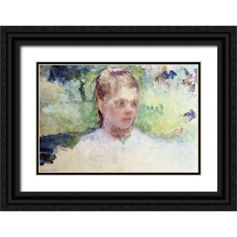 Little Girls Head - Green Background Black Ornate Wood Framed Art Print with Double Matting by Cassatt, Mary