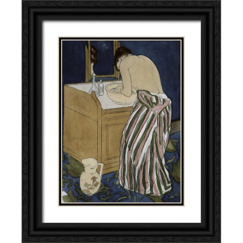 Woman Bathing Black Ornate Wood Framed Art Print with Double Matting by Cassatt, Mary