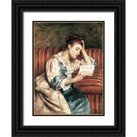 Young Woman Reading Black Ornate Wood Framed Art Print with Double Matting by Cassatt, Mary