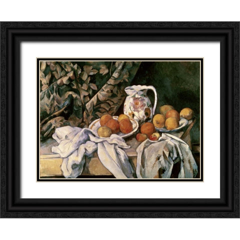 Curtain, Carafe and Fruit Black Ornate Wood Framed Art Print with Double Matting by Cezanne, Paul