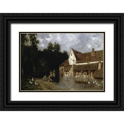 Washerwomen Black Ornate Wood Framed Art Print with Double Matting by Cicerie, E.
