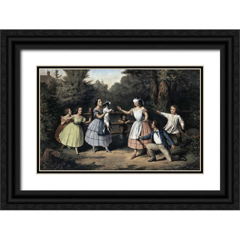 Blind Mans Buff Black Ornate Wood Framed Art Print with Double Matting by Currier and Ives