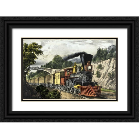 Express Train Black Ornate Wood Framed Art Print with Double Matting by Currier and Ives