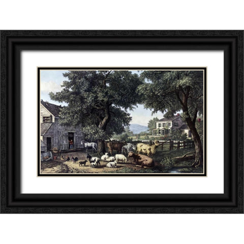 Old Homestead Black Ornate Wood Framed Art Print with Double Matting by Currier and Ives