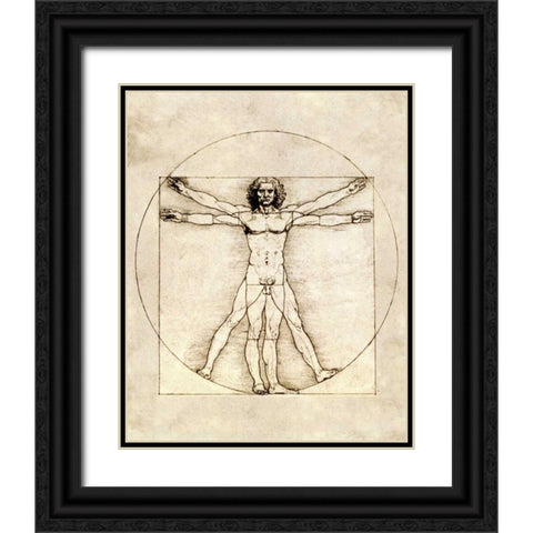 Proportions of the Human Figure - Vitruvian Man Black Ornate Wood Framed Art Print with Double Matting by Da Vinci, Leonardo