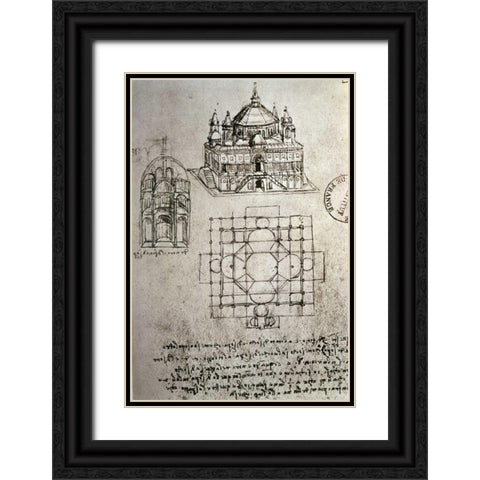 Sketch of a Square Church with Central Dome and Minaret Black Ornate Wood Framed Art Print with Double Matting by Da Vinci, Leonardo