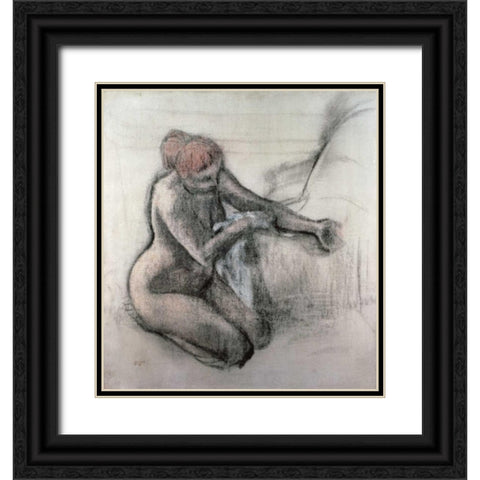 Nude Woman Drying Herself After The Bath Black Ornate Wood Framed Art Print with Double Matting by Degas, Edgar