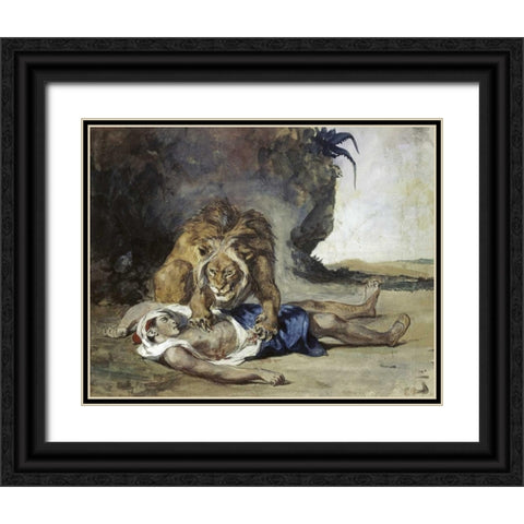 Lion Rending Apart a Corpse Black Ornate Wood Framed Art Print with Double Matting by Delacroix, Eugene