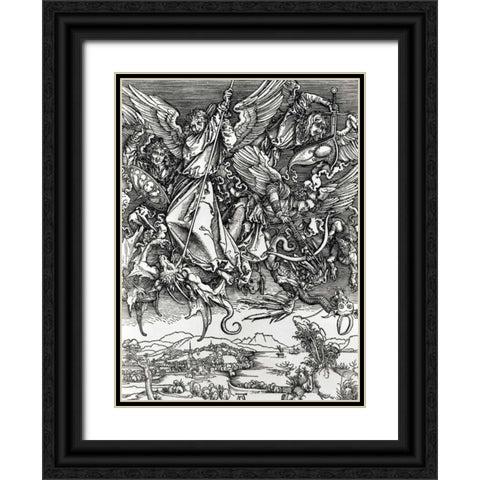 St. Michael Fighting the Dragon Black Ornate Wood Framed Art Print with Double Matting by Durer, Albrecht