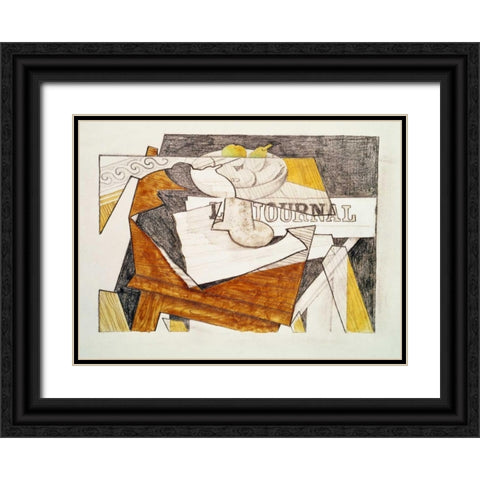 Still Life With a Newspaper and a Wooden Table Black Ornate Wood Framed Art Print with Double Matting by Gris, Juan