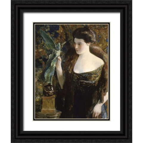 Young Woman and Statue Black Ornate Wood Framed Art Print with Double Matting by Hassam, Childe