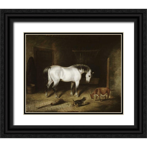 White Horse Black Ornate Wood Framed Art Print with Double Matting by Herring, John Frederick