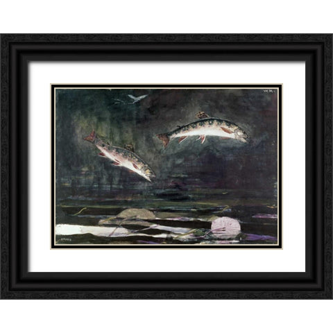 Leaping Trout Black Ornate Wood Framed Art Print with Double Matting by Homer, Winslow