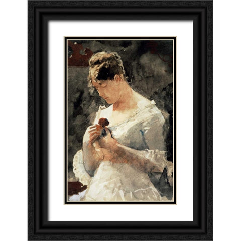 Woman with a Rose Black Ornate Wood Framed Art Print with Double Matting by Homer, Winslow