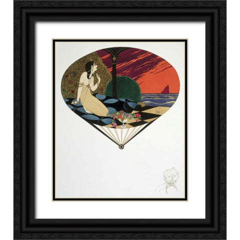 Fan: Woman Seated On Pillow Looking at Sea Black Ornate Wood Framed Art Print with Double Matting by Iribe, Paul