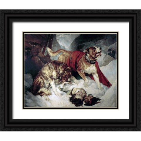 Alpine Mastiffs Reanimating a Distressed Traveller Black Ornate Wood Framed Art Print with Double Matting by Landseer, Sir Edwin