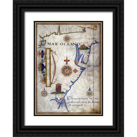 Mar Oceano - Portolan Atlas Illumination Black Ornate Wood Framed Art Print with Double Matting by Lopes, Sebastiano
