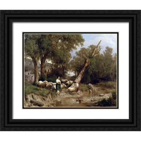 Crossing The Stream Black Ornate Wood Framed Art Print with Double Matting by Marko, Andras
