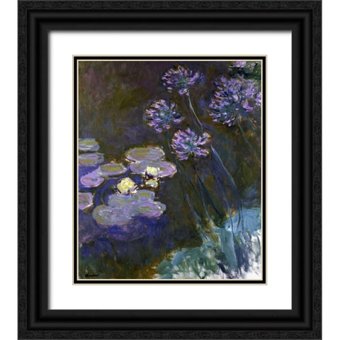 Water Lilies and Agapanthus Black Ornate Wood Framed Art Print with Double Matting by Monet, Claude