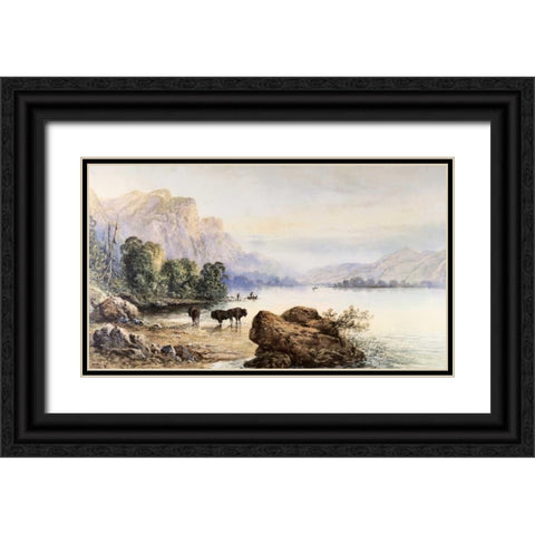 Buffalo Watering Black Ornate Wood Framed Art Print with Double Matting by Moran, Thomas