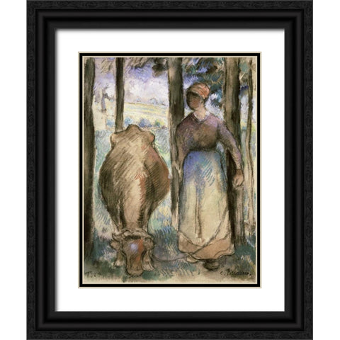 The Cowherd - La Vachere Black Ornate Wood Framed Art Print with Double Matting by Pissarro, Camille