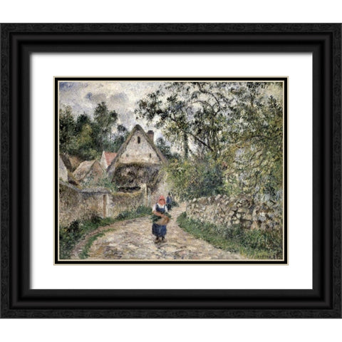 Village Street at Valhermeil Black Ornate Wood Framed Art Print with Double Matting by Pissarro, Camille
