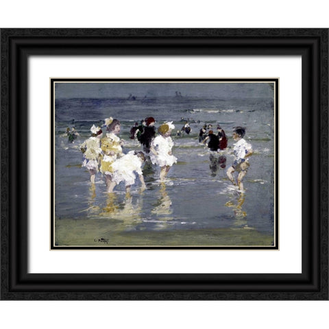 Children on the Beach Black Ornate Wood Framed Art Print with Double Matting by Potthast, Edward Henry