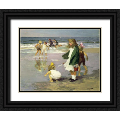 Play in the Surf Black Ornate Wood Framed Art Print with Double Matting by Potthast, Edward Henry