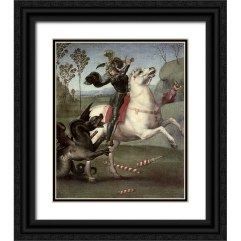 St. George Fighting The Dragon Black Ornate Wood Framed Art Print with Double Matting by Raphael
