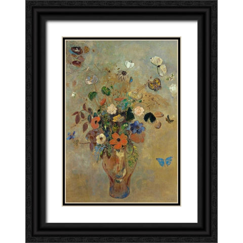 Bouquet of Flowers with Butterflies Black Ornate Wood Framed Art Print with Double Matting by Redon, Odilion