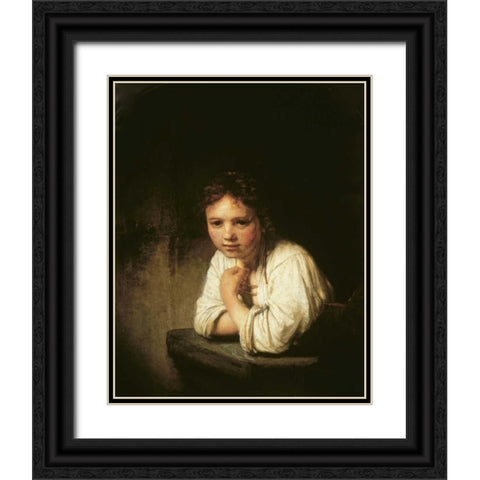 Girl at Window Black Ornate Wood Framed Art Print with Double Matting by Van Rijn, Rembrandt