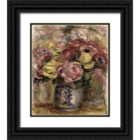 Flowers in a Blue and White Vase Black Ornate Wood Framed Art Print with Double Matting by Renoir, Pierre-Auguste