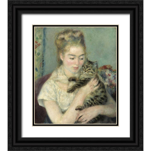 Woman with a Cat Black Ornate Wood Framed Art Print with Double Matting by Renoir, Pierre-Auguste