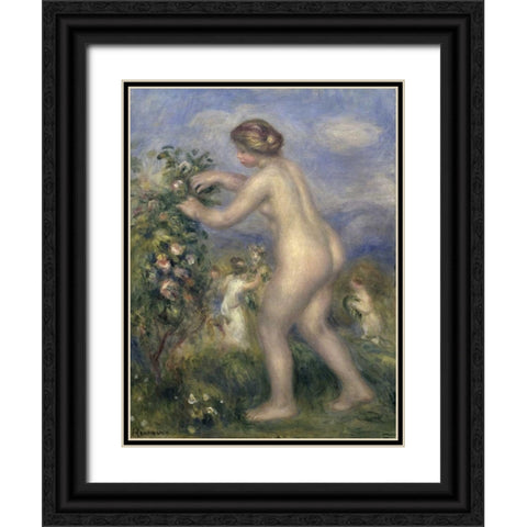 Young Nude Girl Picking Flowers Black Ornate Wood Framed Art Print with Double Matting by Renoir, Pierre-Auguste