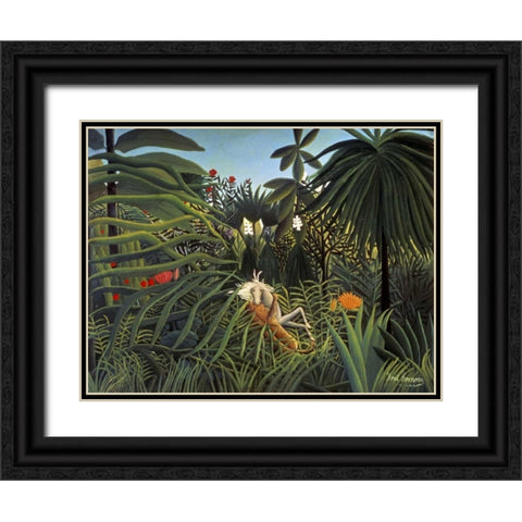 Jaguar Attacking a Horse Black Ornate Wood Framed Art Print with Double Matting by Rousseau, Henri