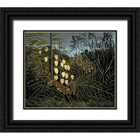 Tropical Forest: Battling Tiger and Bull Black Ornate Wood Framed Art Print with Double Matting by Rousseau, Henri