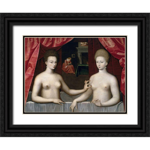 Gabrielle DEstrees and One of Her Sisters Black Ornate Wood Framed Art Print with Double Matting by School of Fontainebleau