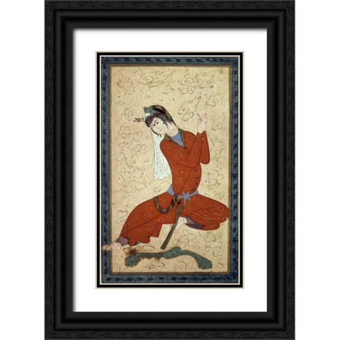 Seated Woman at Rest Black Ornate Wood Framed Art Print with Double Matting by Shah Abbas School