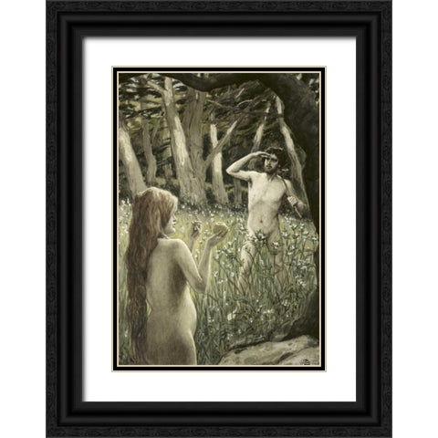 Adam Tempted by Eve Black Ornate Wood Framed Art Print with Double Matting by Tissot, James Jacques