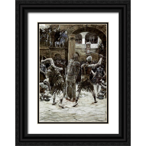 Scourging of The Face Black Ornate Wood Framed Art Print with Double Matting by Tissot, James Jacques