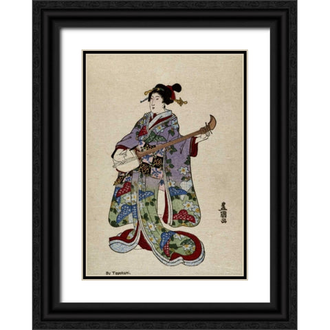 Shamisen II Black Ornate Wood Framed Art Print with Double Matting by Toyokuni, Utagawa