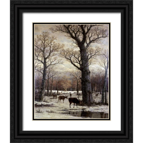 Deer Foraging, Winter Black Ornate Wood Framed Art Print with Double Matting by Unknown