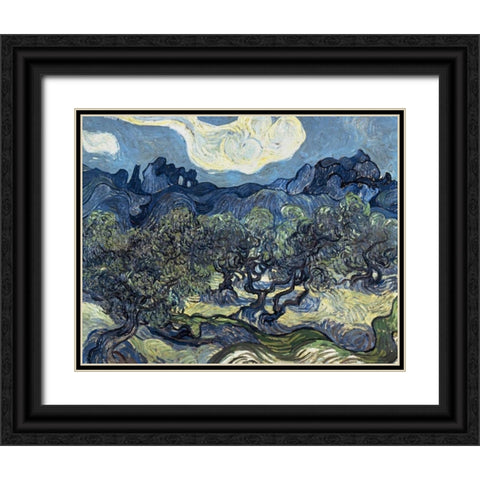 Olive Trees With The Alpilles In The Background,Saint-Remy Black Ornate Wood Framed Art Print with Double Matting by Van Gogh, Vincent