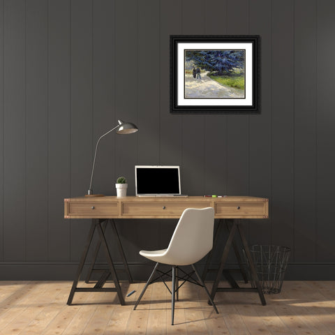 Public Garden with Couple and Blue Fir Tree Black Ornate Wood Framed Art Print with Double Matting by Van Gogh, Vincent