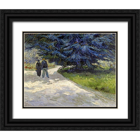 Public Garden with Couple and Blue Fir Tree Black Ornate Wood Framed Art Print with Double Matting by Van Gogh, Vincent