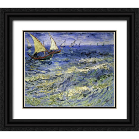 Seascape at Saintes-Maries-De-La-Mer Black Ornate Wood Framed Art Print with Double Matting by Van Gogh, Vincent