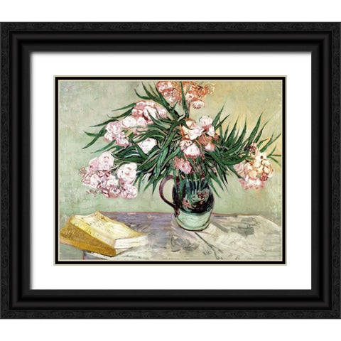 Still Life: Vase with Oleanders and Books Black Ornate Wood Framed Art Print with Double Matting by Van Gogh, Vincent